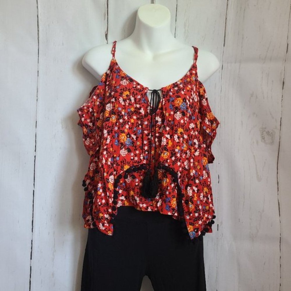 Red Floral Tassel boho Crop Top cold shoulder blouse coachella vibes